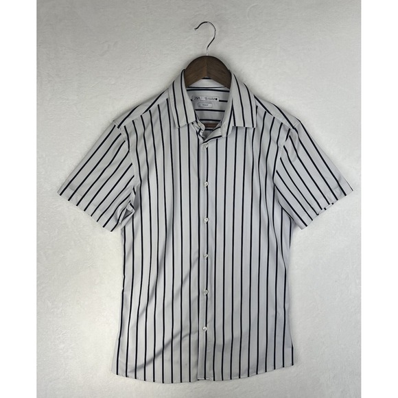 Zara Button Up Short Sleeve Shirt Vertical Striped Mens Small - Picture 1 of 4